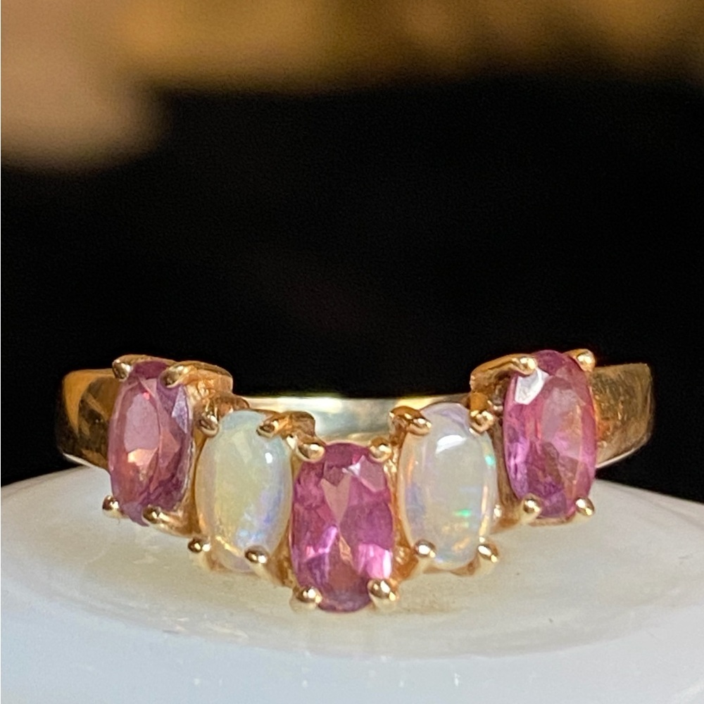 Vintage 10K Gold Opal + Amethyst 5-Stone Ring Sz 7 - Picture 2 of 11